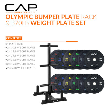 CAP Barbell 370 lb Economy Olympic Plate Set with Traditional Plate Rack & Barbell Storage | 6 Weight Posts + 4 Barbell Holders