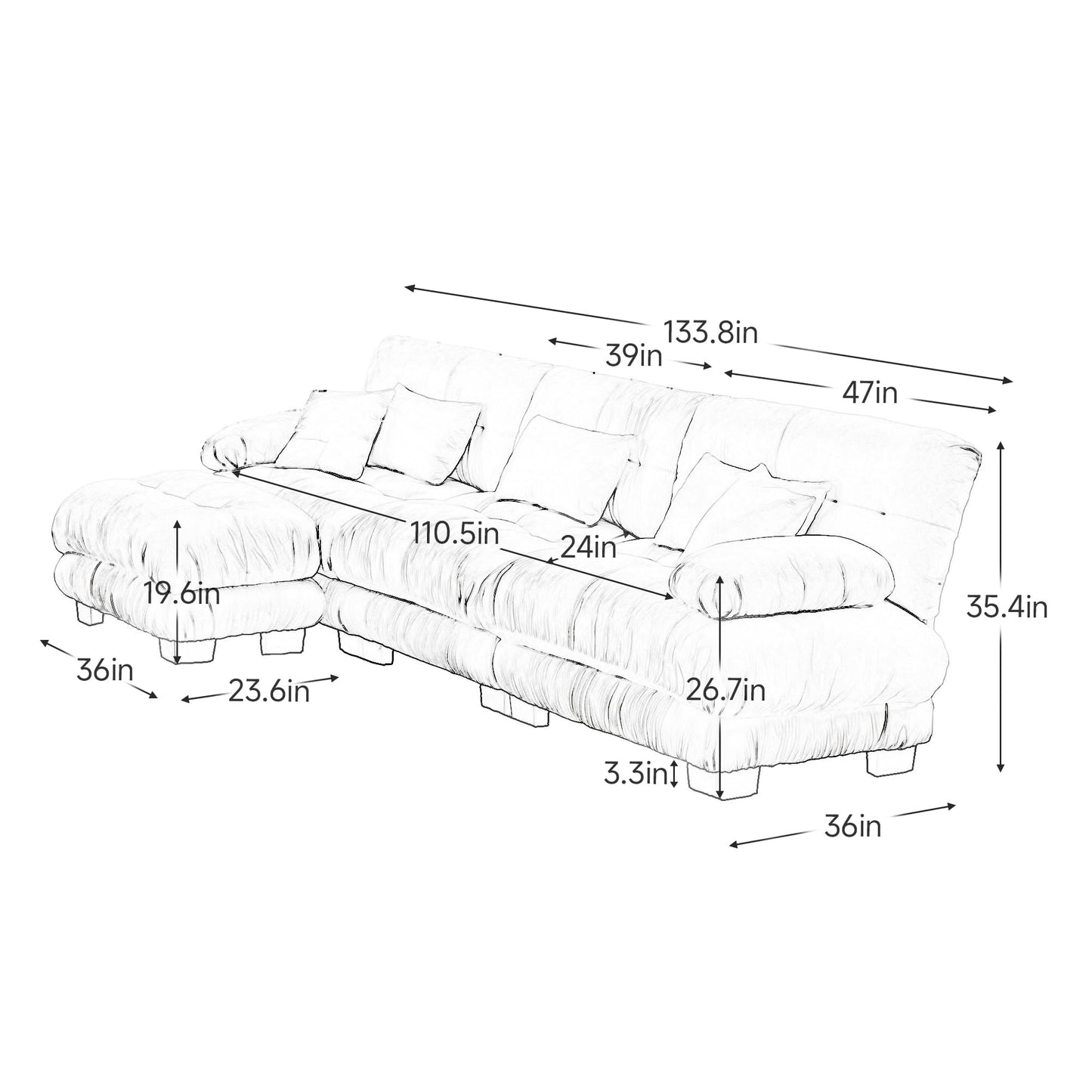 KEIKI 133" Sectional Sofa with Removable Ottoman, 4 Seat L Shaped Sleeper Cloud Couch Set, Comfy Chenille Upholstered Modular SofaBed for Apartment Living Room, Throw Pillows, Light Coffee
