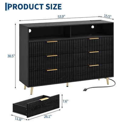 6 Drawers Dresser for Bedroom, 53.9" Wide Dressers with LED Lights and Charging Station, Curved Profile Design, Fluted Wood Drawers with Gold Handle, Modern Chest of Dressers for Living Room, Black