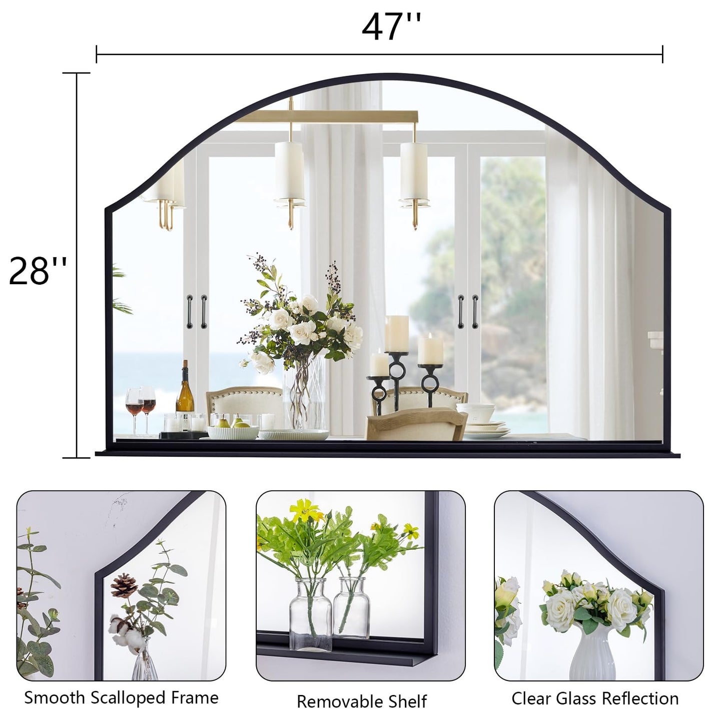 Chende 47''x32'' Large Wall Mirrors for Decor, Black Bathroom Mirror with Removable Shelf, Elegant Scallopd Mirror with Arched Frame for Entryway, Living Room, Mantel, Bedroom