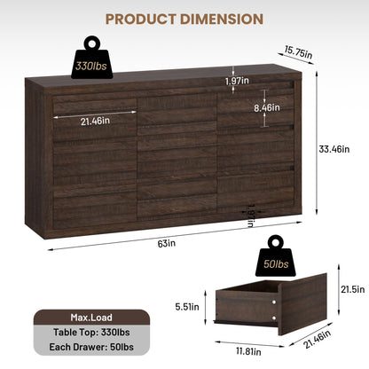 Garvee Modern 9 Drawer Dresser for Bedroom, Wide Chest of Drawers with Anti-Tipping Device, Wooden Storage Cabinet and TV Stand for Closet, Living Room or Hallway,Brown