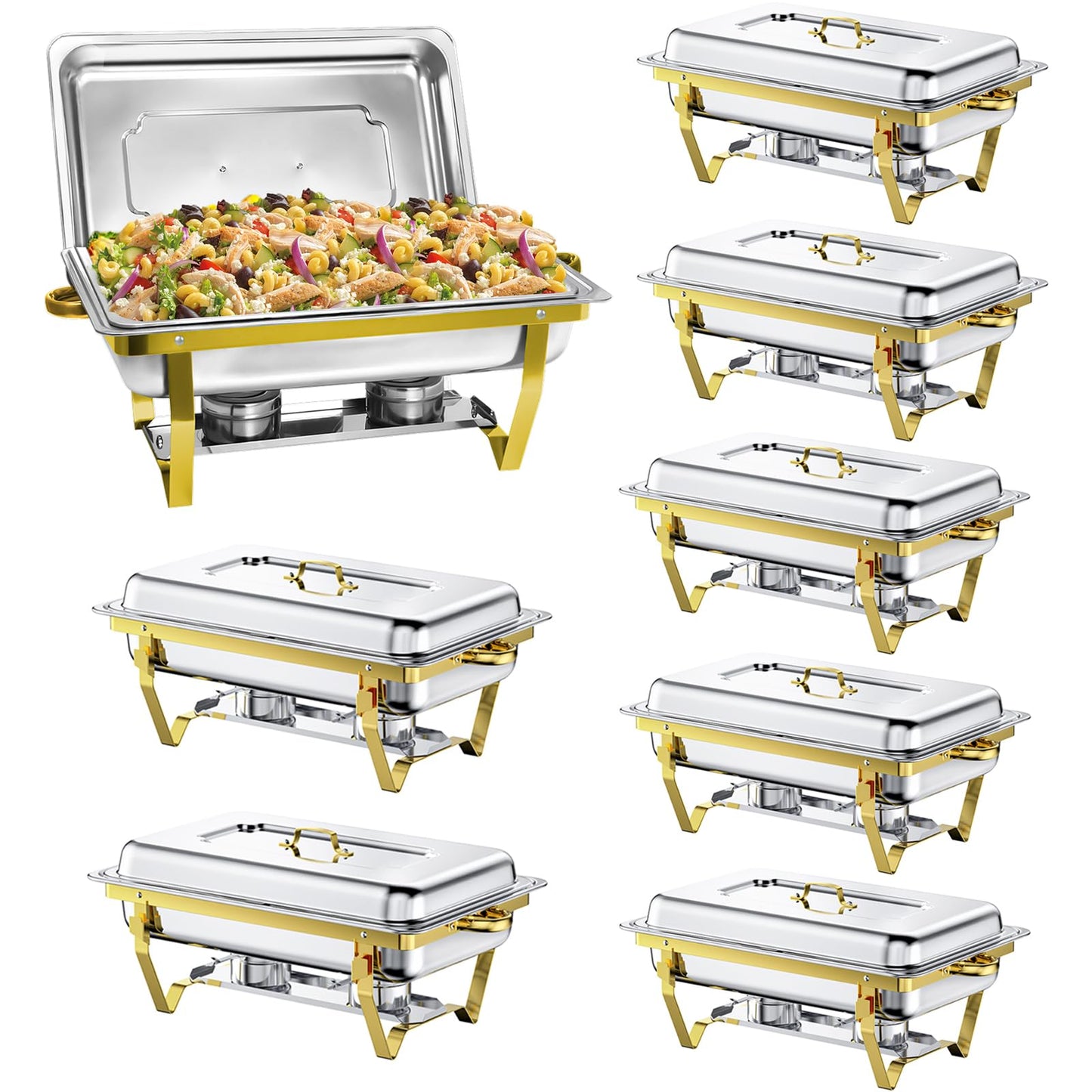 XYJBHB Chafing Dishes for Buffet, 9QT 8 Pack Chafing Dish Buffet Set, Stainless Steel Catering Warmer Server with 8 Full Size Pans for Home Party Wedding Buffets, Gold