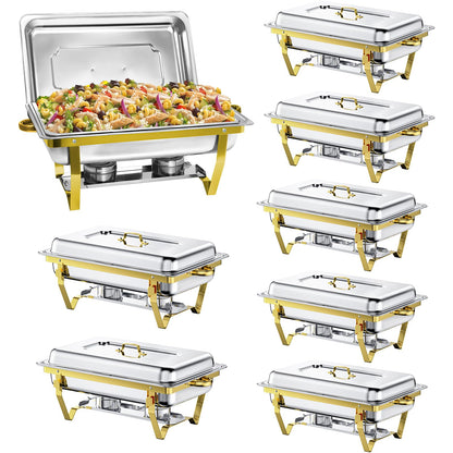 XYJBHB Chafing Dishes for Buffet, 9QT 8 Pack Chafing Dish Buffet Set, Stainless Steel Catering Warmer Server with 8 Full Size Pans for Home Party Wedding Buffets, Gold