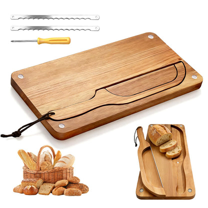 Yonent Wooden Bread Cutting Board with Bow Bread Slicer Set, Includes 2 Stainless Steel Blades and Removable Knife for Slicing Homemade Sourdough, Baguettes and Artisan Bread