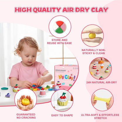 Air Dry Clay Kit, Modeling Clay for Kids, 12 Pack Dessert Theme, Soft & Non-Sticky, Non-Toxic DIY Art & Craft with Sculpting Tools & Tutorials, Birthday Holiday Gifts for Ages 4-12 Boys & Girls