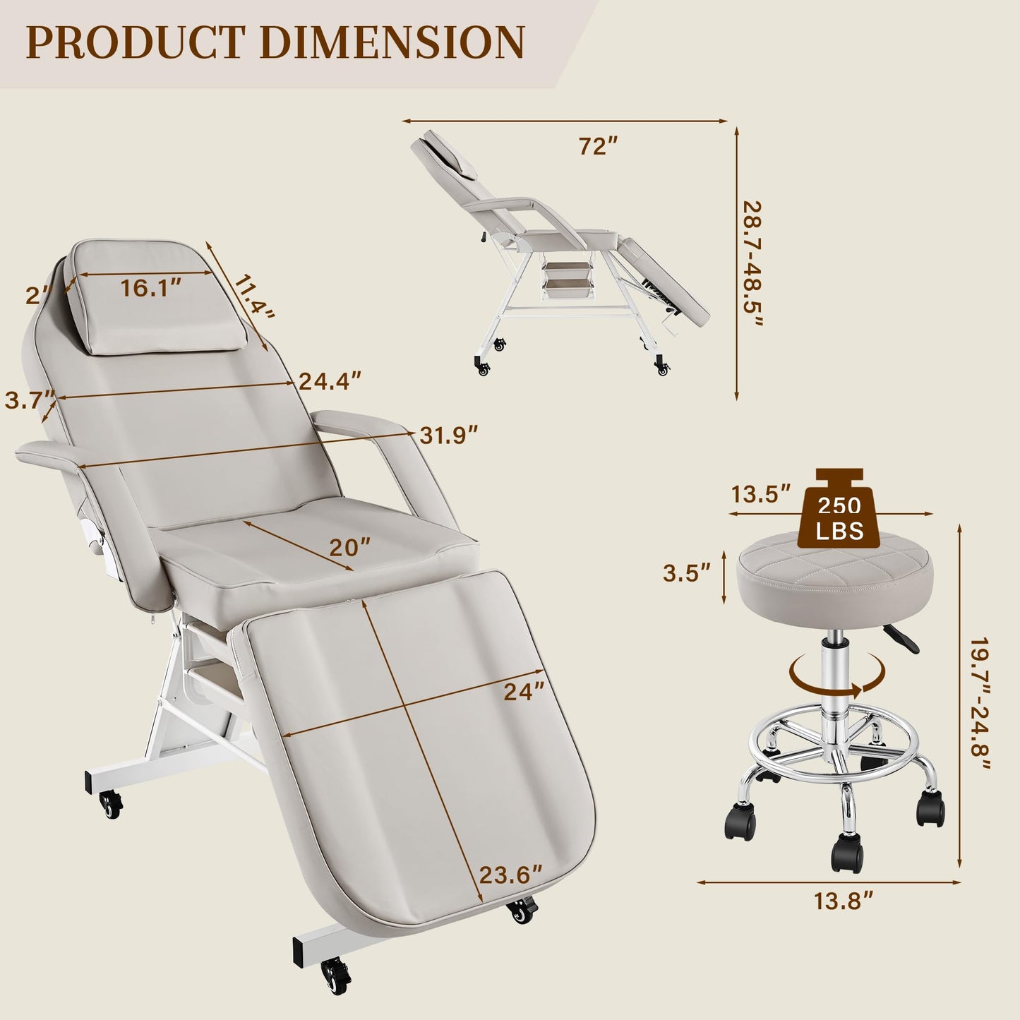 Tattoo Facial Chair with Wheel, Esthetician Massage Bed with Stool, Professional Adjustable Lash Tattooing Table with Breathing Hole Beauty Treatment Salon Spa Artist Equipment with 2-Tary, Grey