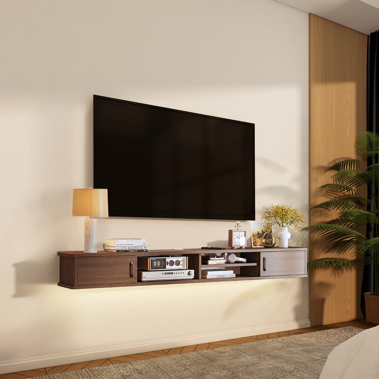 FurniNova Floating TV Stand,66'' Wall Mounted TV Console,Floating TV Shelf,Wall TV Cabinet,Floating Entertainment Shelf,Walnut