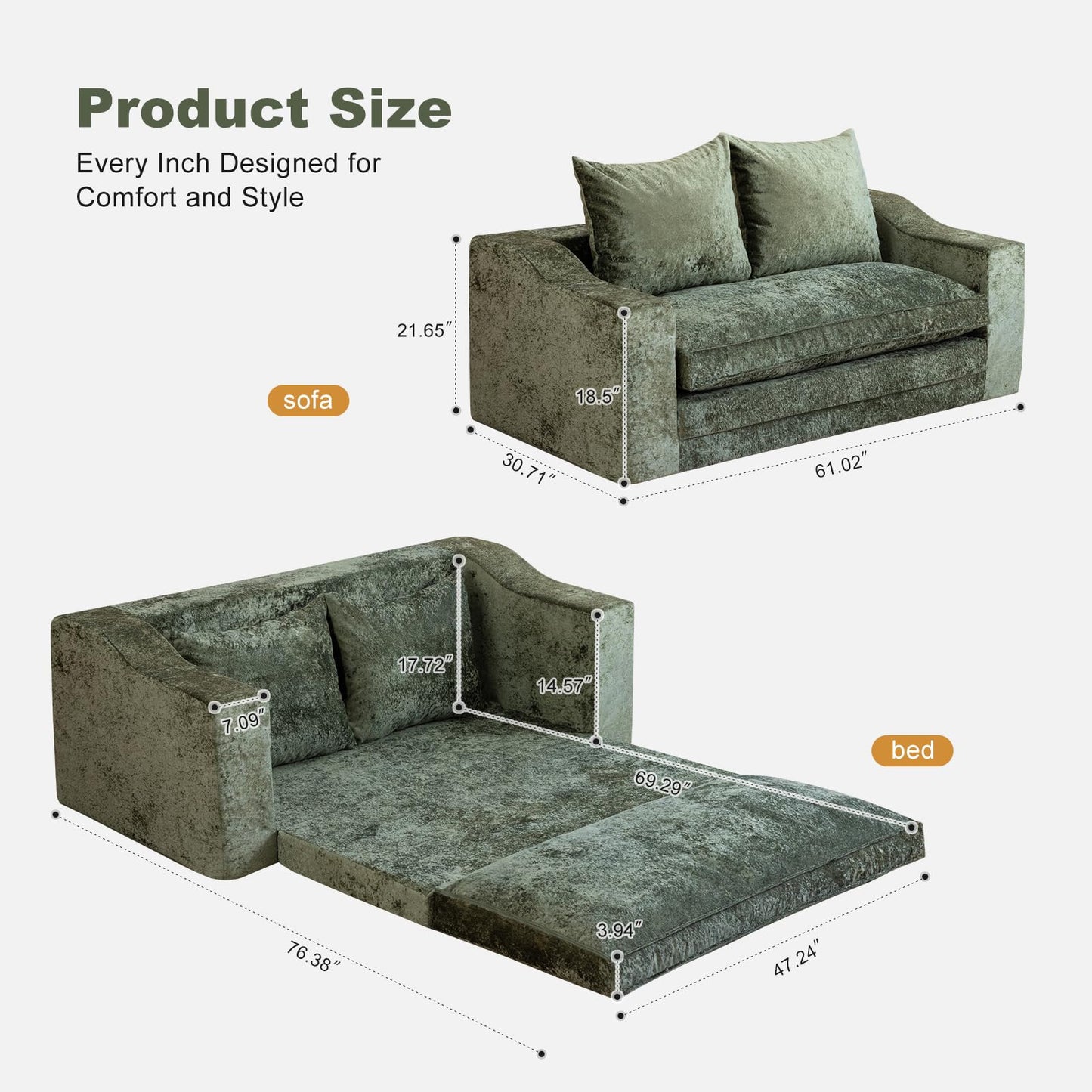 61" Convertible Sofa Bed Loveseat, Memory Foam Boneless Floor Couch with Removable Plush Velvet Cover, Tri-folding Compact Full-size Sleeper for Small Living Room, Playroom, Guest Room, RV (Emerald)