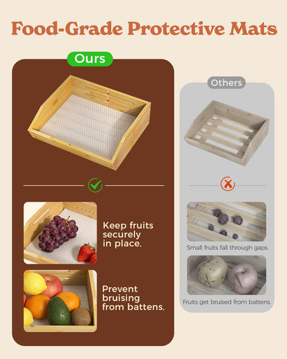 Sevenblue 3 Tier Large Bamboo Fruit Basket for Kitchen Counter with 2 Banana Holders, Kitchen Countertop Organizer with Protective Mats, Tiered Fruit Bowl for Bread Snack Veggies with Dividers