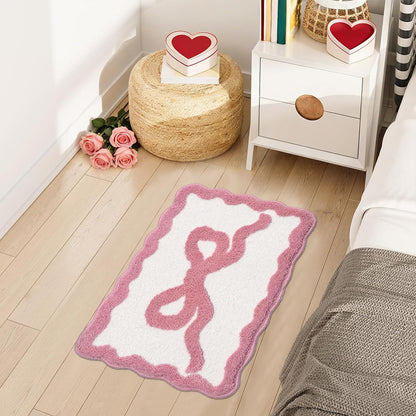 ASTRAG Pink Bow Bath Mat - Scalloped Bow Bathroom Rug Coquette Room Decor Microfiber Bath Mat Water Absorbent Non Slip Shower Carpet Valentines Day Girls Bedroom Aesthetic Preppy Rug (Pink,20" x 32")