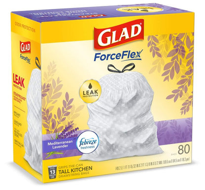 Glad ForceFlex Tall Kitchen Trash Bags, 13 Gallon, Gain Lavender, 80 Count (Package May Vary)