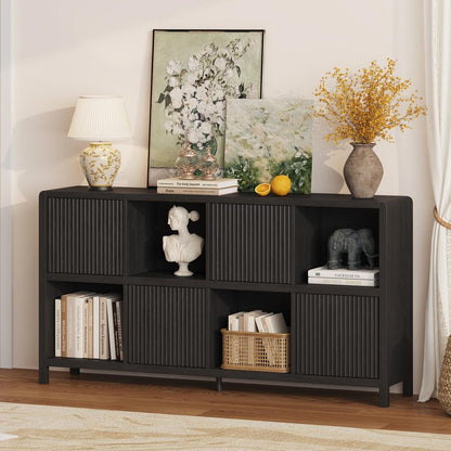FATORRI 8 Cube Storage Organizer Bookshelf with 4 Doors, Low Horizontal Bookcase with Storage, Long Wood Book Shelf for Dining, Home Office (Black)
