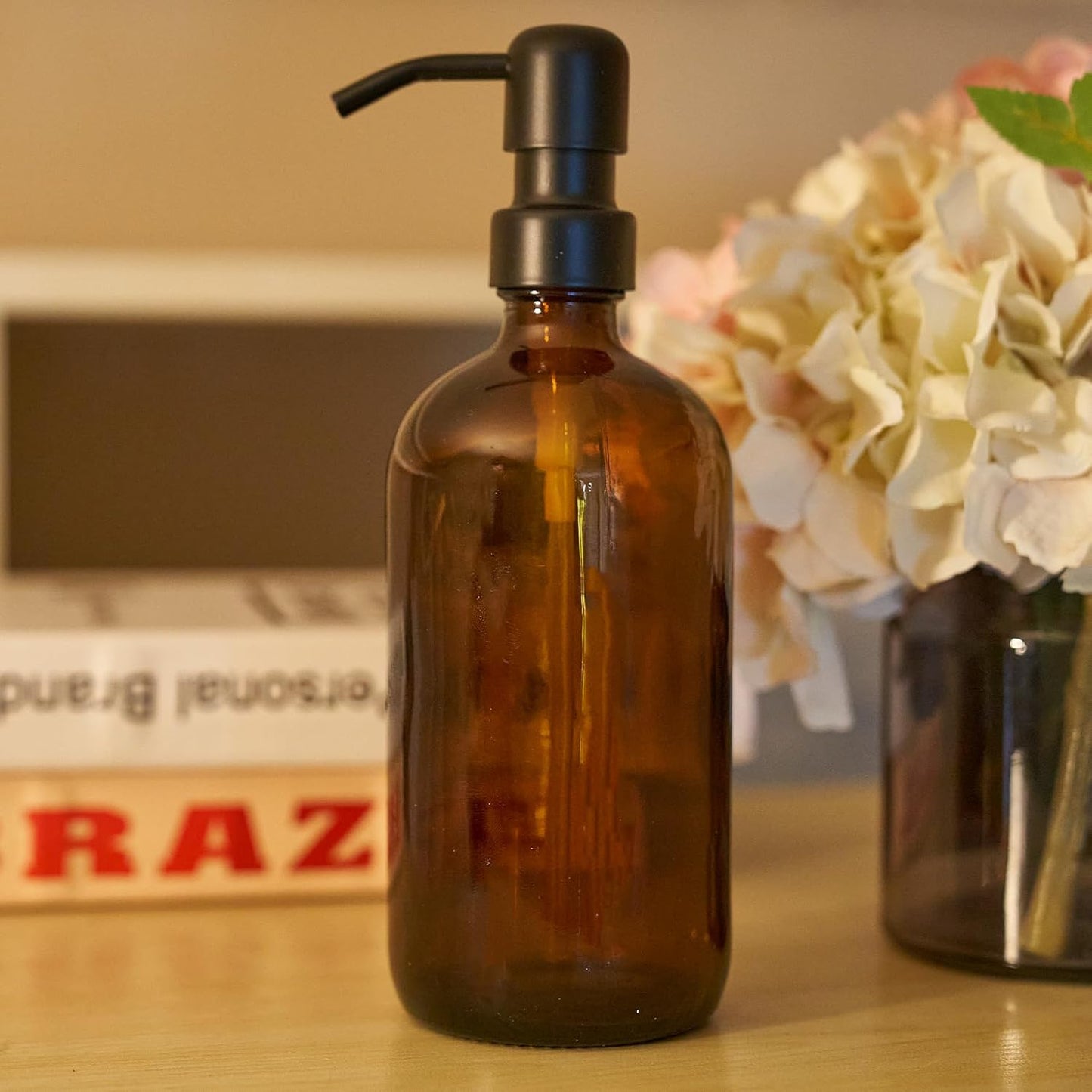 1pcs 16 Oz Countertop Diahom Soap Dispenser Amber Glass Hand Dish Soap Dispensers Stainless Steel Pump for Kitchen Sink