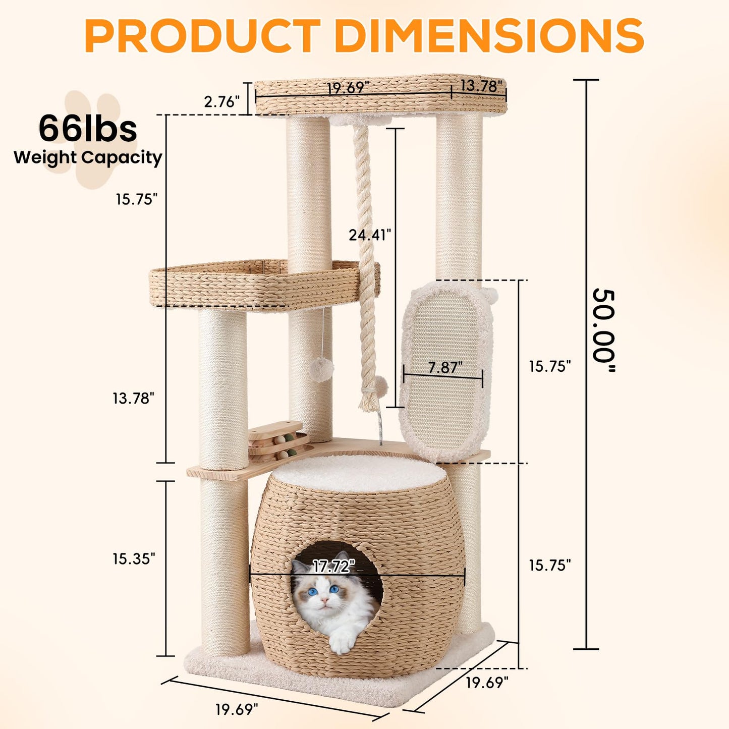 EMUST Luxury Modern Cat Tree Tower 50IN - Heavy-Duty Multi-Level Cat Condo with Extra-Large Hand-Woven Rattan Bed & Thickened Scratching Post for Indoor Cats Large Adult