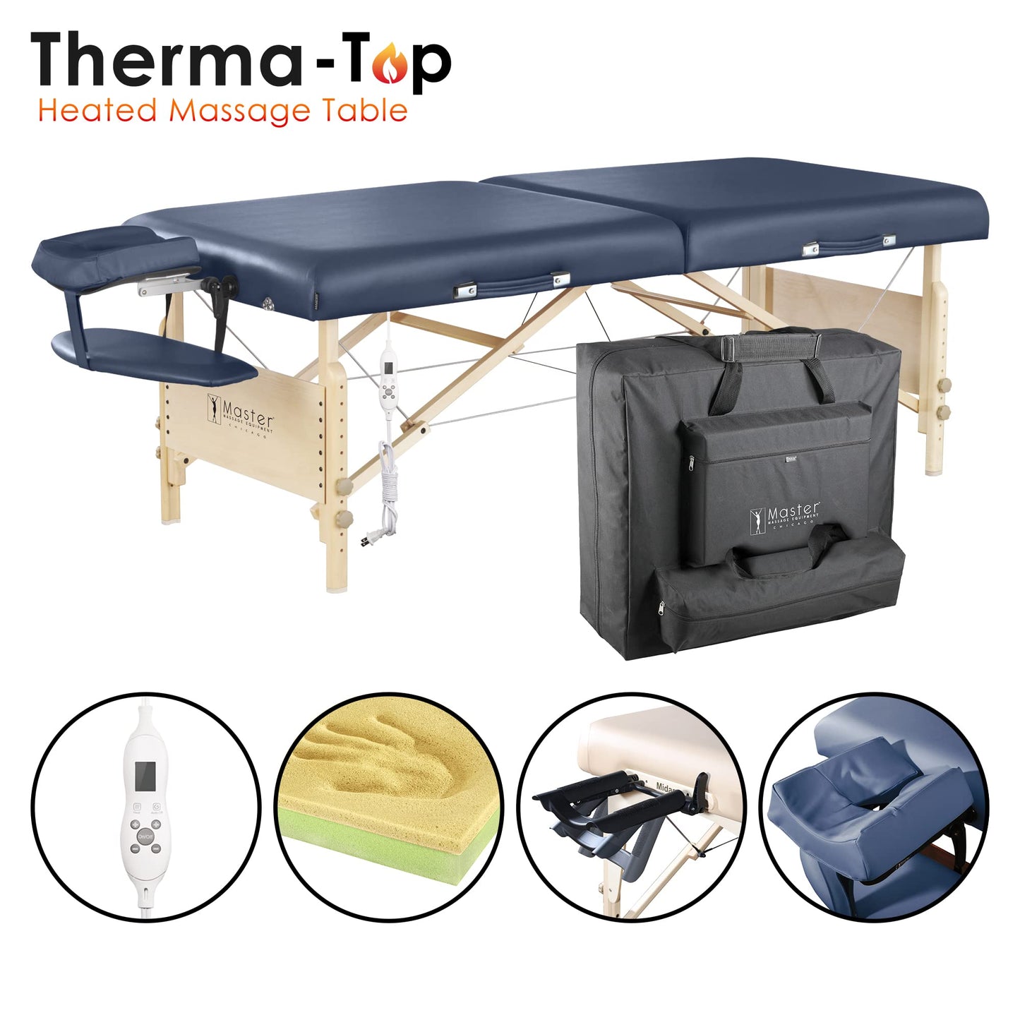 Master Massage Coronado Therma Top™ Portable Massage Table Heated with Warming Top and 3-Inch Foam Cushioning- Tattoo Bed, Lash Table- Royal Blue (30” x 84”)