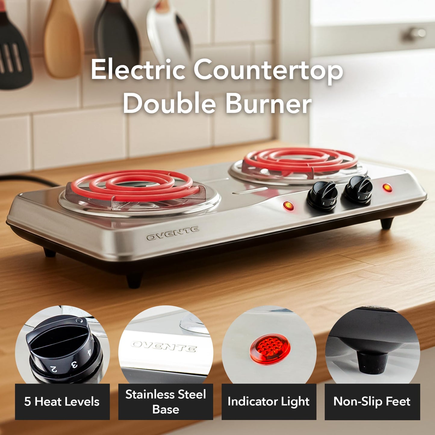 OVENTE Electric Countertop Double Burner, 1700W Cooktop with 6" and 5.75" Stainless Steel Coil Hot Plates, 5 Level Temperature Control, Indicator Lights and Easy to Clean Cooking Stove, Silver BGC102S