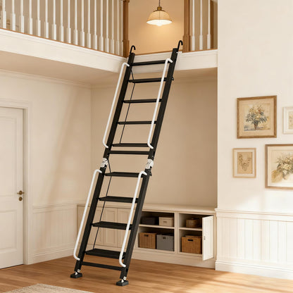 Foldable Aluminum Loft Stairs Ladder, 12 Step Folding Bunk Bed Ladders with Handrails, Portable Anti-Slip Egress Attic Ladder, Floor-Mounted Metal Roof Access Step Ladders for Dorm RV Home Attic Stair
