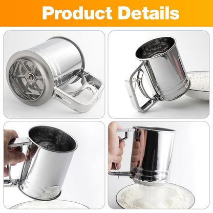 4 in1 Flour Sifter Stainless Steel, 5 Cup Flour Sifter for Baking, Sifter for Baking with Powdered Sugar Duster Set, Flour Shaker Duster for Baking Cakes, Pies, Pastries, Desserts and Cupcakes