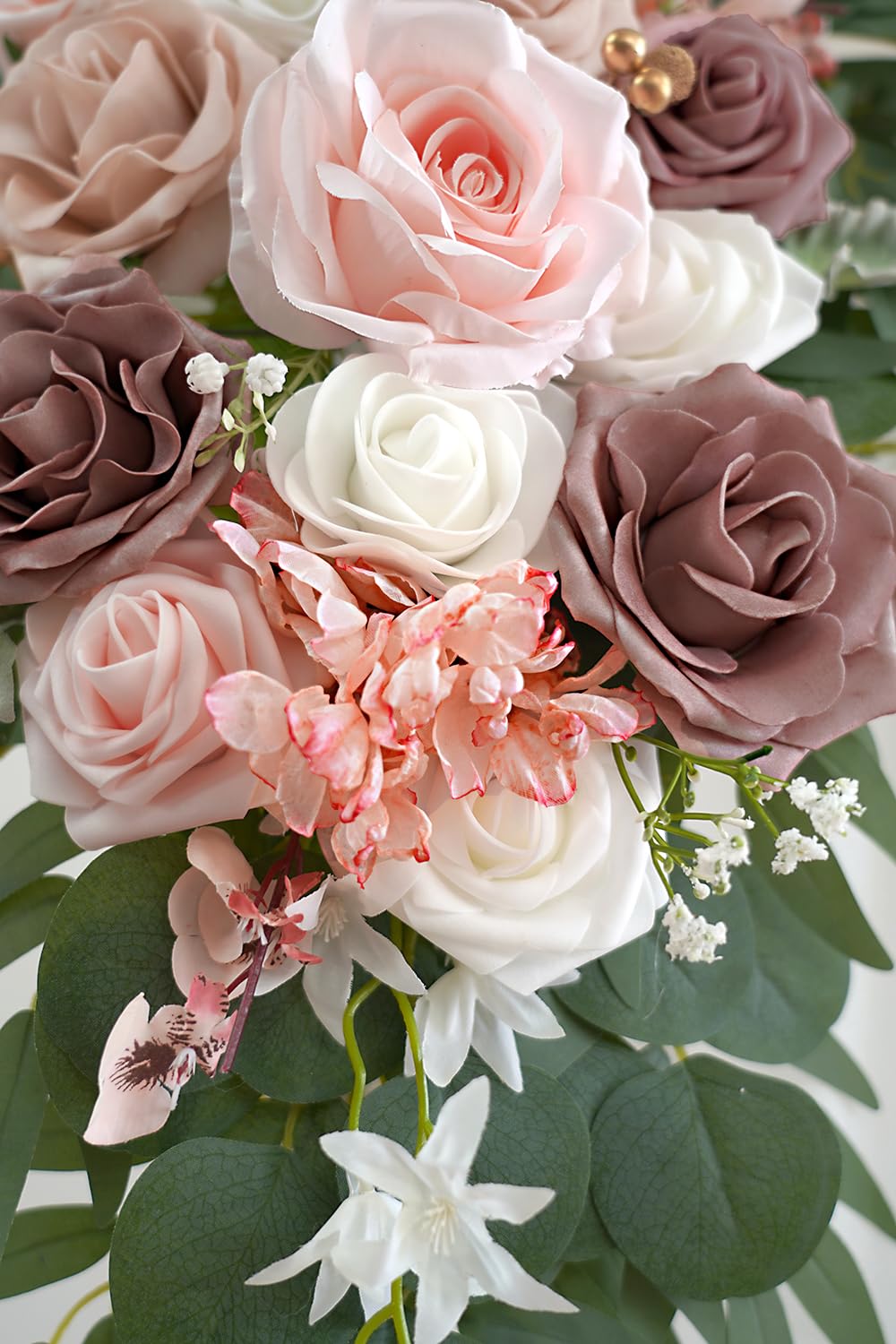 Olalaka Dusty Rose Artificial Wedding Arch Flowers Kit (Pack of 3) with 26Ft White Shiny Arch Draping Fabric for DIY Wedding Party Ceremony Reception Backdrop Floral Decoration