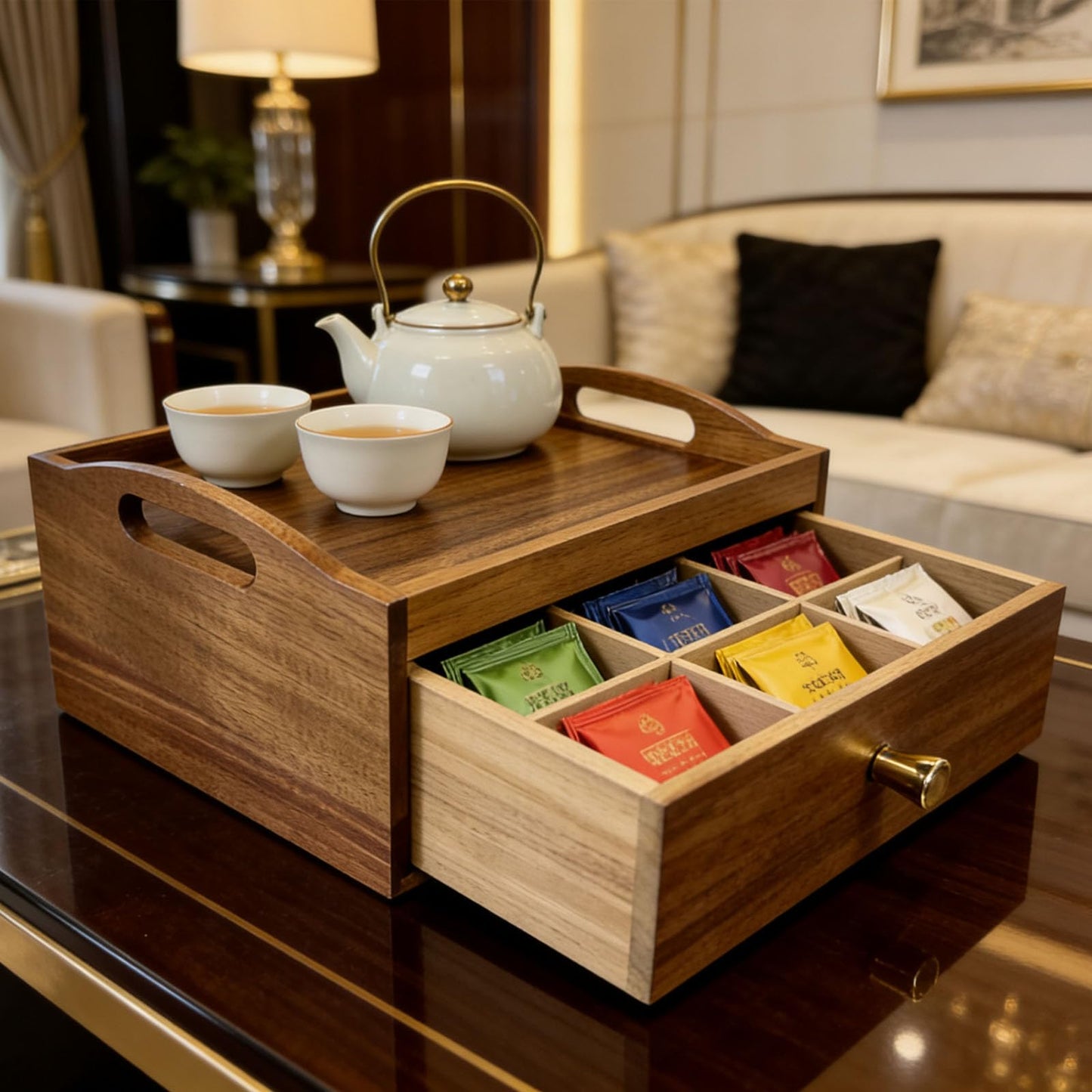 QYLZ Acacia Wood Tea Bag Organizer, Wooden Storage Box with Drawer, Tea Caddy for Teabags, Teabag Holder Container Boxes for Countertop, Tea Bar Station Chest Display, Tea Accessories Gift