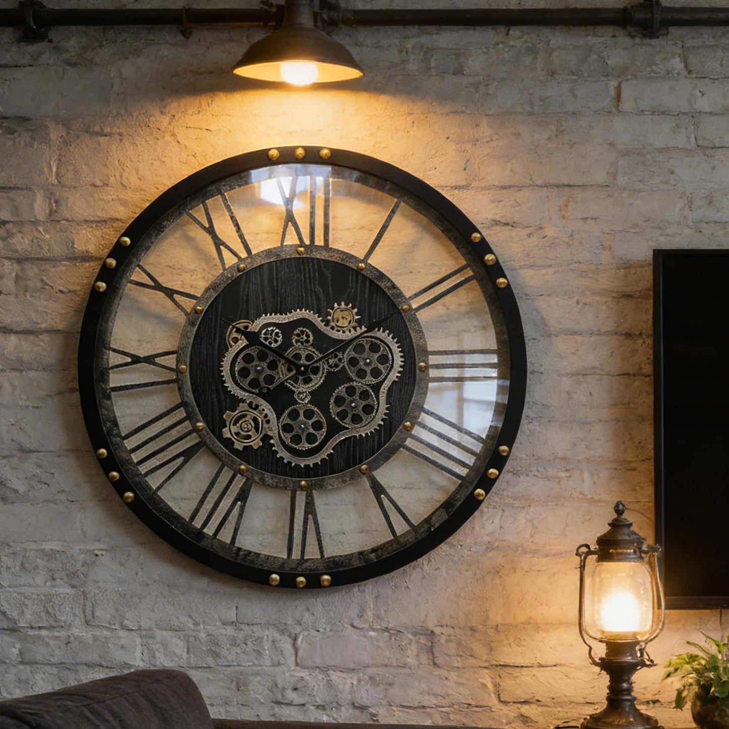AMAATE Steampunk Wall Clock with Moving Gears, Kinetic Mechanical Industrial Design, Retro Distressed Iron Finish, Dynamic Art for Living Room and Bar Decor, 32 Inch