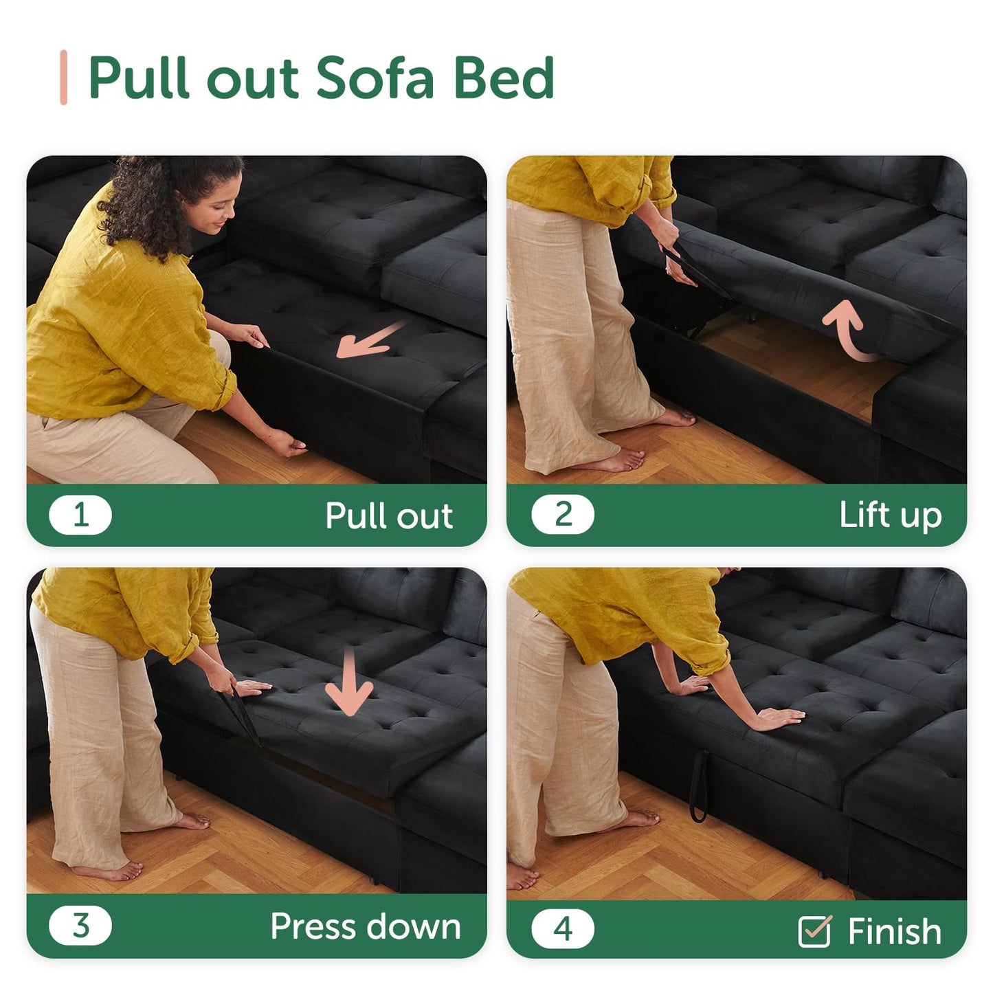 HONBAY Sectional Sleeper Sofa with Pull Out Bed, Sleeper Sectional Couch for Living Room, Sleeper Sofa Bed with Storage Chaise, Velvet Black