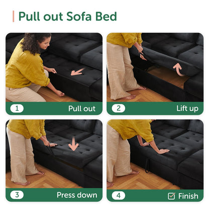 HONBAY Sectional Sleeper Sofa with Pull Out Bed, Sleeper Sectional Couch for Living Room, Sleeper Sofa Bed with Storage Chaise, Velvet Black