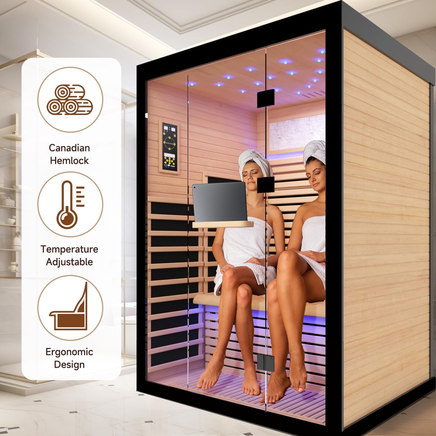 OUTEXER 2 Person Infrared Sauna Room Far Infrared Saunas Home Canadian Hemlock Indoor 2100W Low-EMF Dry Saunas with Oxygen Bar 7 Color Therapy 53.1 * 47.2 * 74.8inch