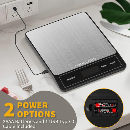 FISHCLOUD Food Scale - Rechargeable Digital Kitchen Scale 33lb, 1g/0.05oz Precision, Type-C, Stainless Steel, Grams/Ounces, LCD Display, for Cooking/Baking/Meal Prep (Ash Silver)