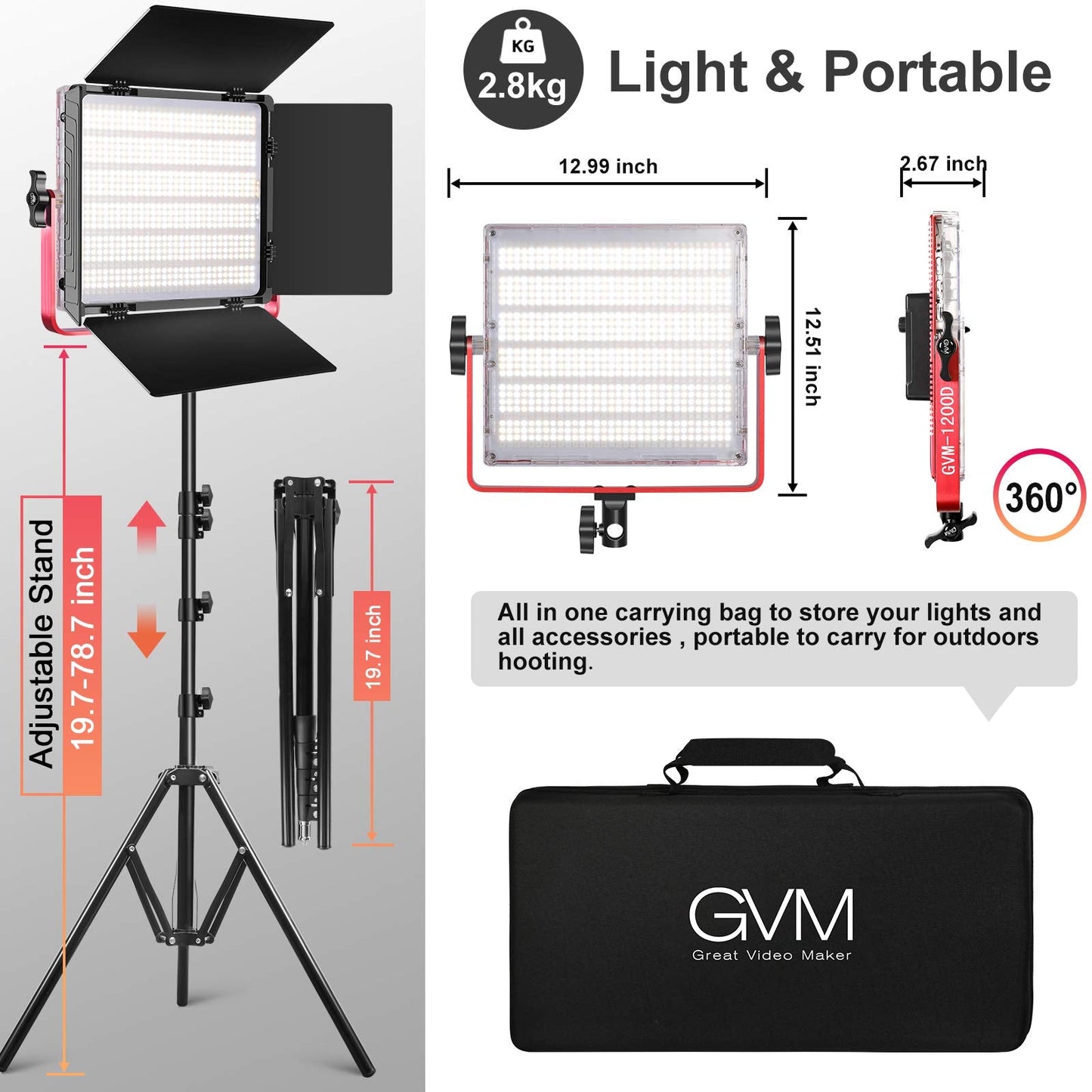GVM 1200D RGB LED Video Light, 50W Video Lighting Kit with APP Control, 3200K-5600K Photography Lighting kit for Studio, Aluminum Alloy Shell,20 Scene Modes & CRI97+, 2-Pack with Softbox