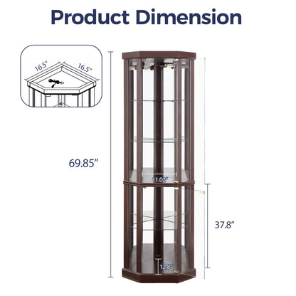 Topcomfy Corner Curio Cabinet, Lighted 3-Side Glass Display Curio Cabinet with Tempered Glass Doors & Adjustable Shelves, Wine Bar China Cabinet with Bulb for Living Room (Dark Cherry)