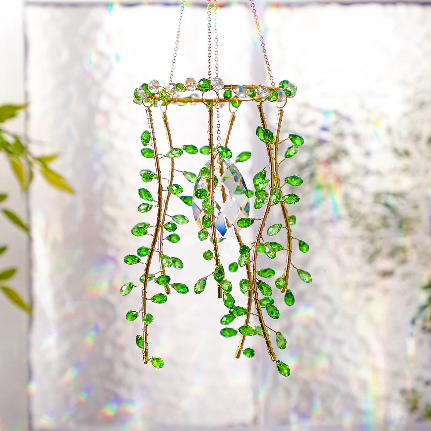 Suncalla 3 Pcs Crystal Suncatchers for Window Boho Decor Plant Sun Catchers Green Plants Artificial Hanging Wind Chime Sun Catchers with Chain Making Rainbow Indoor Outdoor Decor Plant Lover Gift