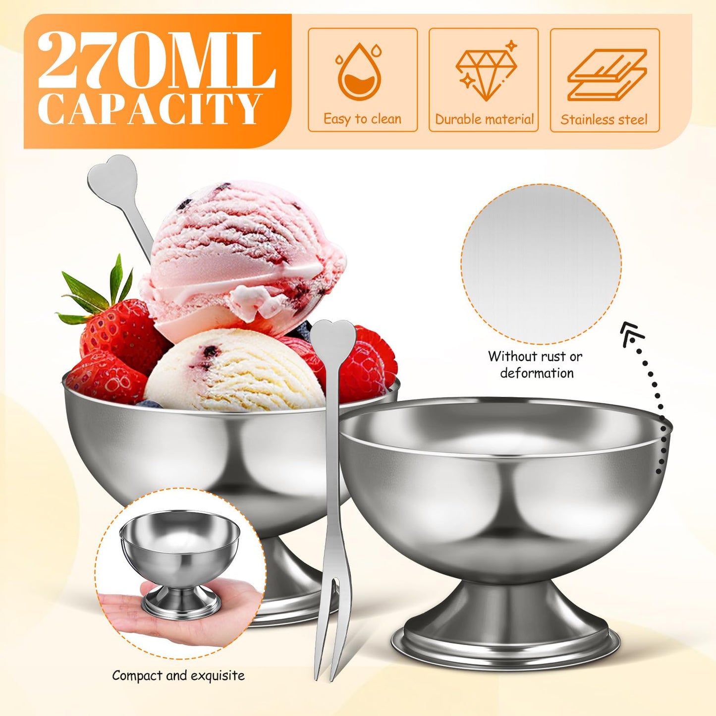 TOYANDONA 4pcs Stainless Steel Footed Dessert Bowls with Forks - Thickened Japanese-style Ice Cream Cups Silver Serving Bowls for Sundae Parfait Yogurt Pudding Salad Fruit, Home Kitchen & Restaurant