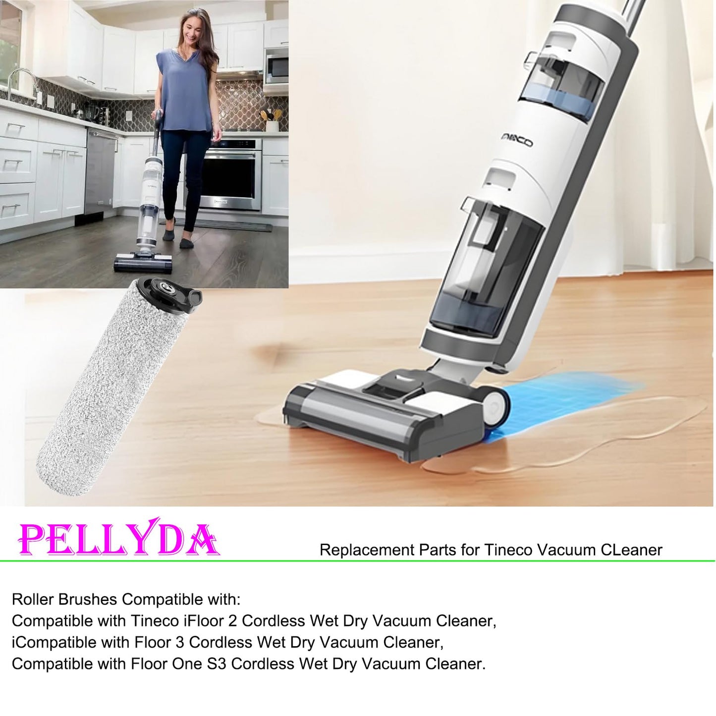 PELLYDA Roller Brush Replacement Parts Compatible with Tineco iFloor 2, iFloor 3,Floor One S3 Cordless Wet Dry Vacuum Cleaner.(iFloor Accessories Replacement Roller Brush 2 Pack)