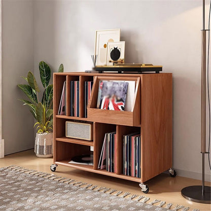 WANGHAI2024M CD Storage Rack Home Vinyl Record Storage Rack Wooden Books Magazine Cabinet with Universal Wheel