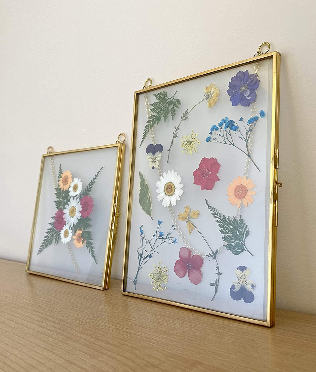Double Glass Frame for Pressed Flowers, Leaf and Artwork - Set of 3 Hanging Picture Frames, 6x6, 6x8, 4x9 Floating Pressed Flower Frames, Square and Rectangular Wall Decor Photo Display, Clear Metal Glass Frames with Chain (Gold)