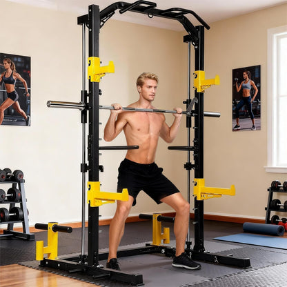 Fitvids Smith Machine Power Cage, 2000lb Multi-Function Squat Rack with Weight Plate Storage, J Hooks, T-Bar Row Platform & Multiple Grip Handles for Home Gym Strength Training