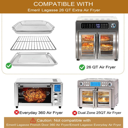 5-Piece Air Fryer Accessories Set for Emeril Lagasse 26QT, Includes Baking Pan, Air Fryer Basket, Rack, 2 Non-Stick Mats & 100 Parchment Papers, Stainless Steel Bakeware Set