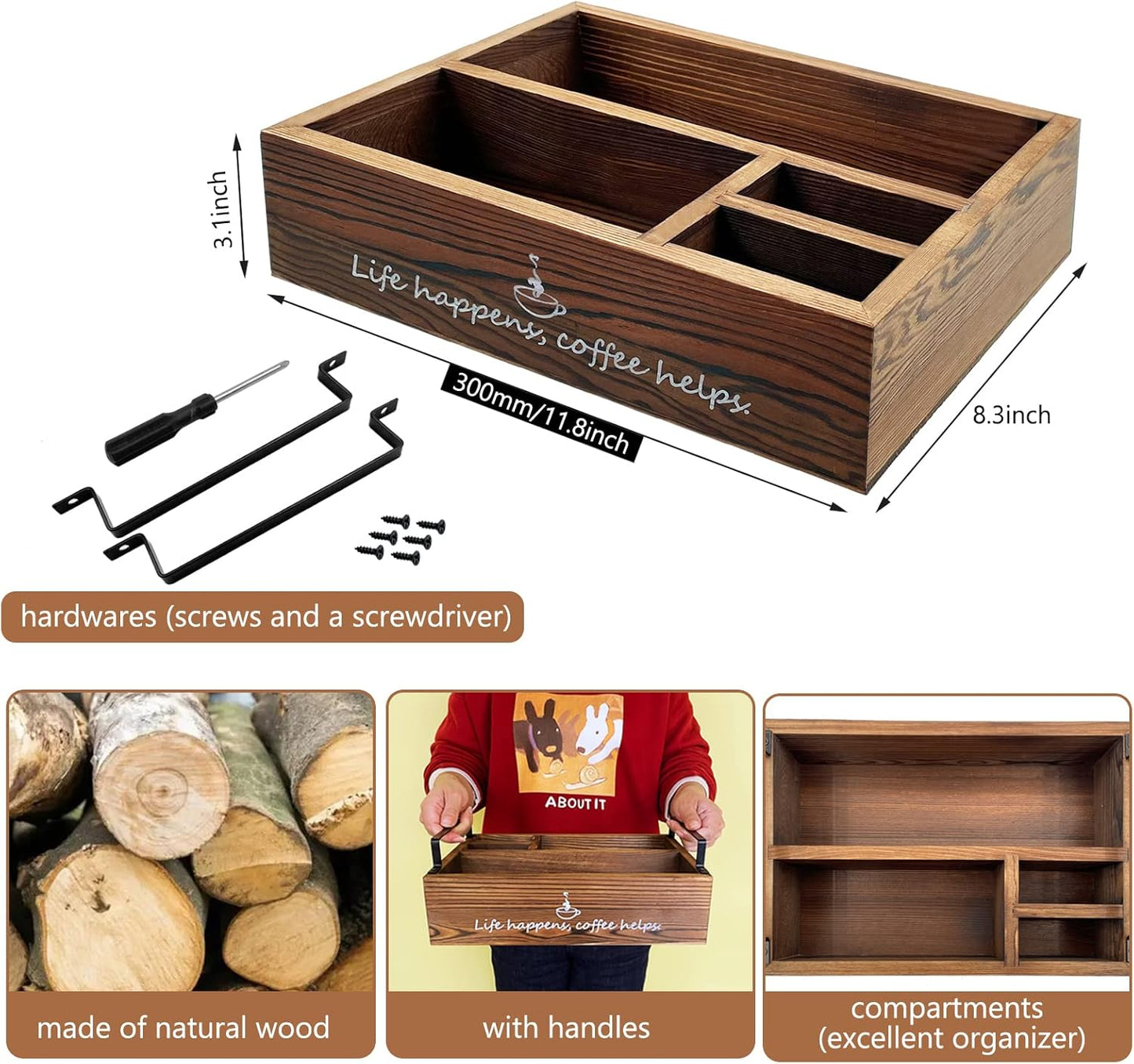 Farmhouse Coffee Station Organizer Basket for Countertop, Wooden Tray for Coffee Supplies, Sugar, Syrup, Tea (Brown)