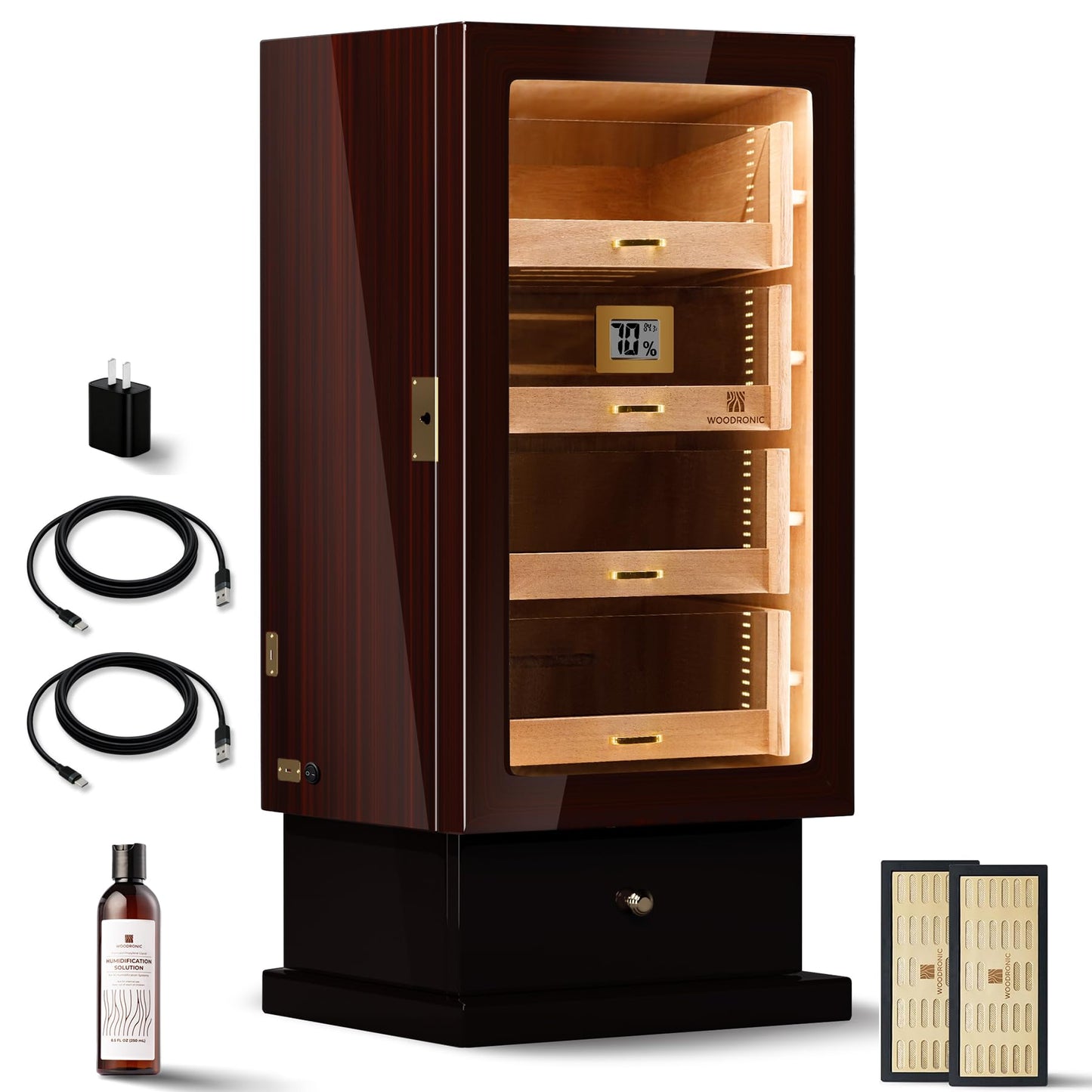 Woodronic Cigar Humidor Cabinet with LED Light, USB Cable & Adapter, Lock & Keys, Spanish Cedar Lining, Accessory Drawer, Hygrometer & Humidifiers, Glossy Ebony Finish, Gift for Fathers, 250 Counts