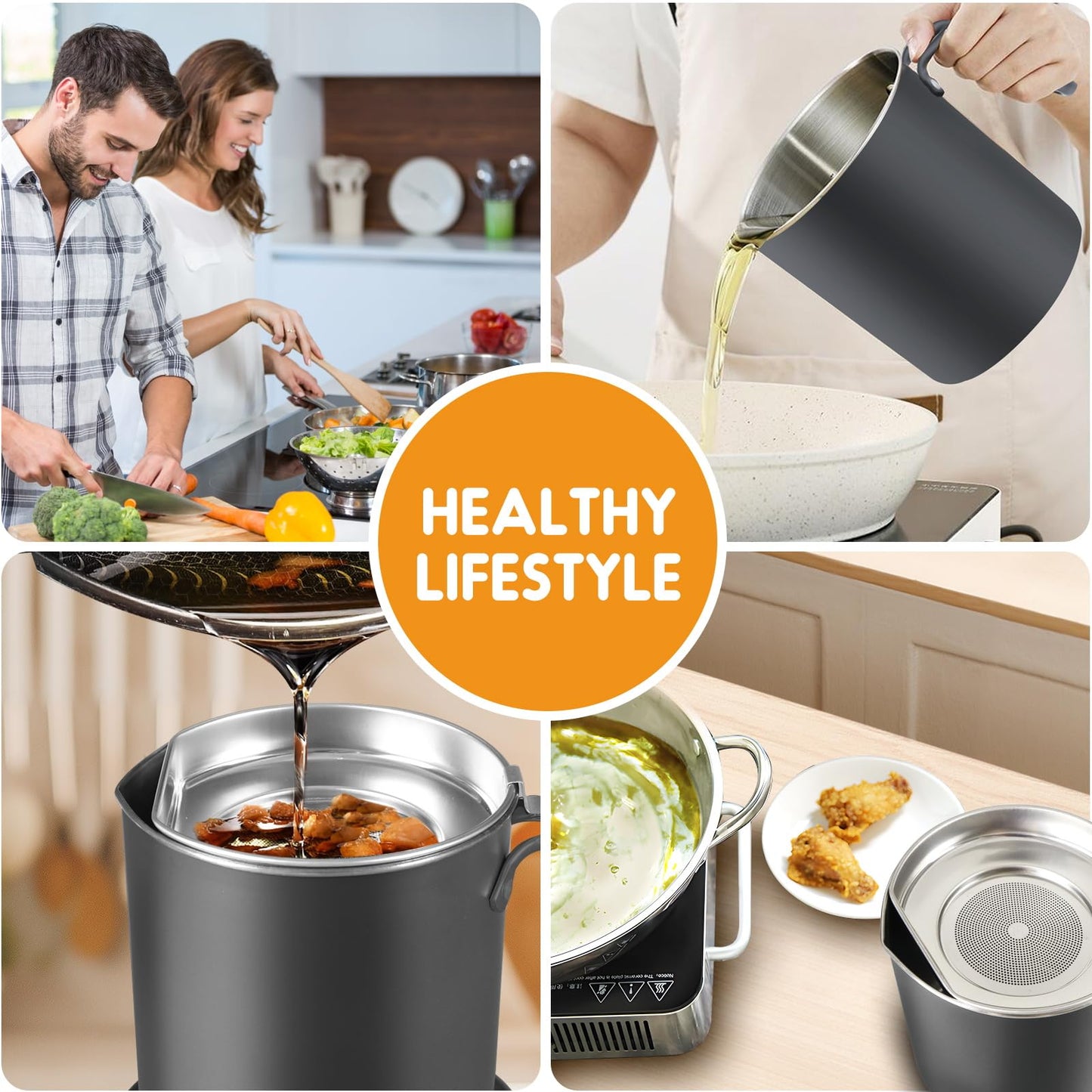Chihee Grease Container Stainless Steel Bacon Grease Saver with Fine Mesh Strainer 2L / 67.6 fl oz Cooking Oil Keeper Stoarge Can with Dust-proof Lid Non-slip Tray for Kitchen Frying