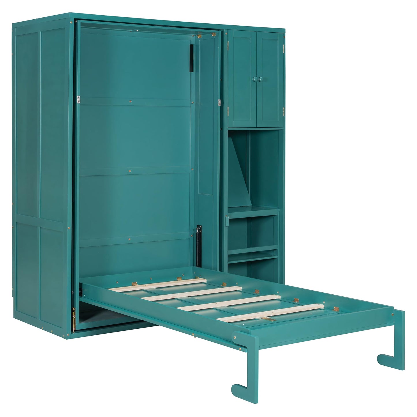 Merax Twin Size Rotating Wall Murphy Beds, Wood Folding Murphy Wall Bed with Bookshelf, Top Cabinet, Extendable Desk & Side Storage, Teal