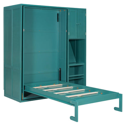 Merax Twin Size Rotating Wall Murphy Beds, Wood Folding Murphy Wall Bed with Bookshelf, Top Cabinet, Extendable Desk & Side Storage, Teal