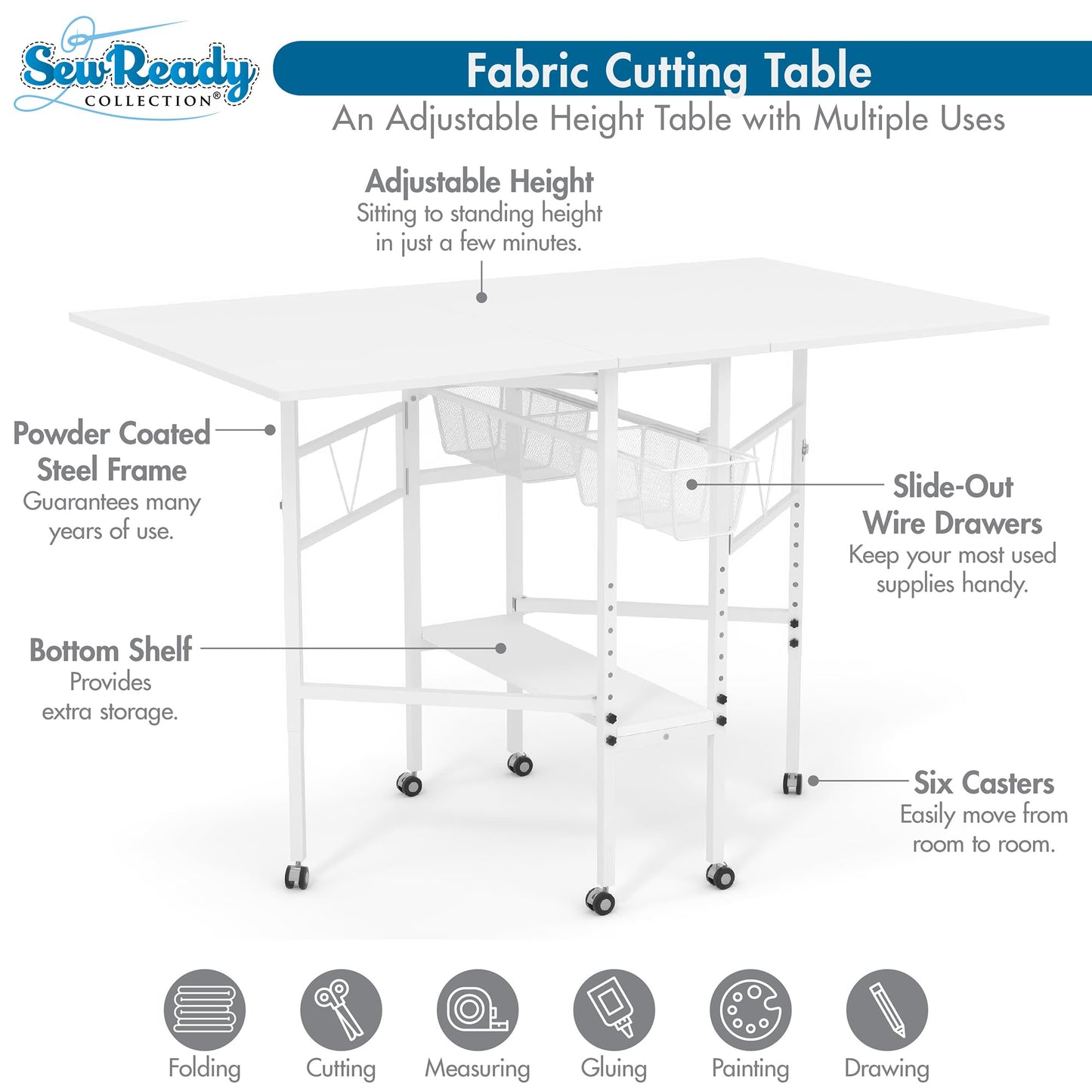 Sew Ready Folding Sewing Craft Table with Storage, Adjustable Height Cutting Desk with Drawers and Wheels for Quilting, Fabric, and Hobby Room, White