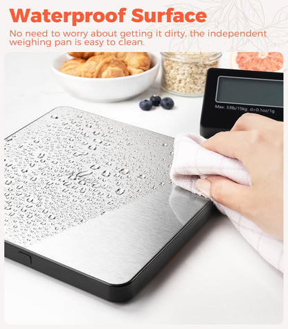 Atogou Upgraded Wireless Food Scale, 33lb/15kg Kitchen Scale with Detachable Display & Larger Platform, 0.1oz/1g, 9 Units, Counting Function, Stainless Steel, for Cooking, Baking, Shipping, Silver