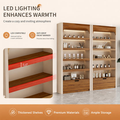 VGRDROK Retail Display Cabinet, Wooden Perfume & Cosmetic Display Shelf with Drawer, Freestanding Display Case for Beauty Salon, Boutique Store Khaki-0.63" Side Panel(with LED Strip) 39.4"