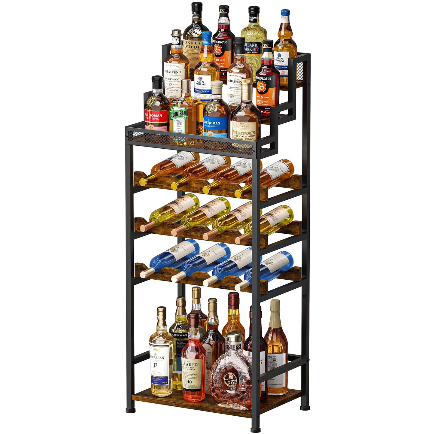 Tiered Wine Rack and Liquor Cabinet, Large Capacity Freestanding Floor Wine Storage Shelf for Red Wine, Champagne & Whiskey, Stepped Bottle Display Stand for Home Bar, Living Room, Corner, Dining Room
