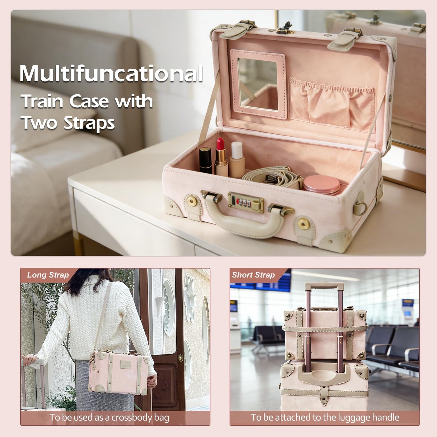 UNIWALKER Vintage Suitcase Set of 3, Retro Leather Travel Luggage with Cosmetic Train Bag for Women(Velvet Pink, 26''+20''+12'')