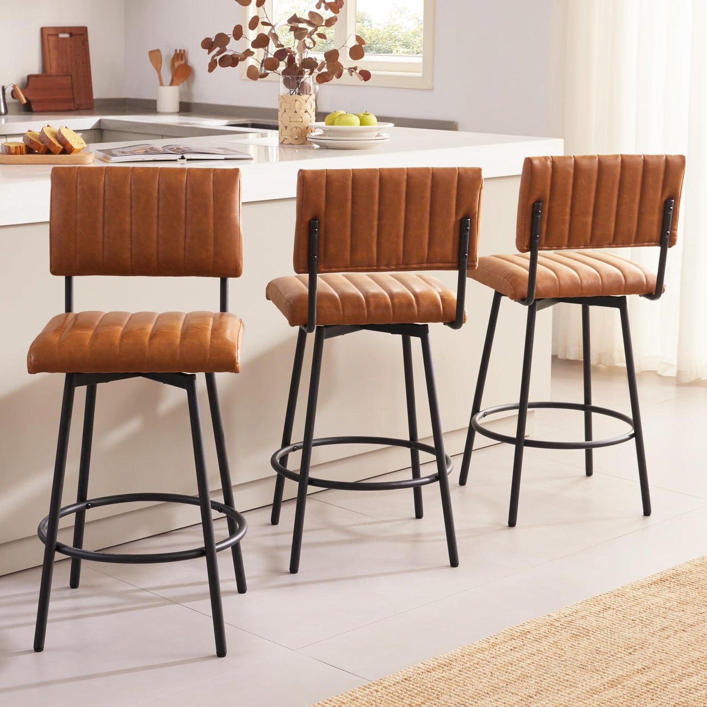 MILCIL Swivel Counter Height Bar Stools with Back Set of 2, Upholstered 26'' Counter Stools with Metal Frame, Faux Leather Cognac