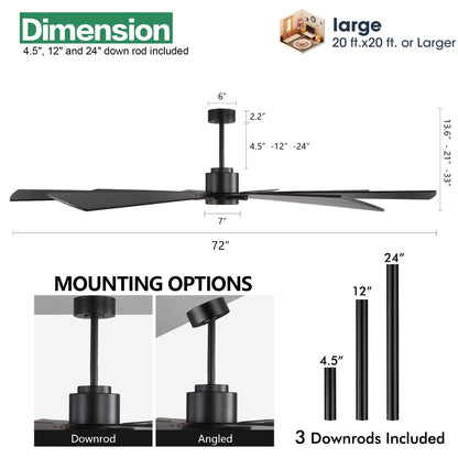 WINGBO 72" DC Ceiling Fan with Lights and 3 Downrods, Matte Black, 8 Plywood Blades, 6-Speed Reversible DC Motor, Large for Kitchen, Bedroom, Living Room